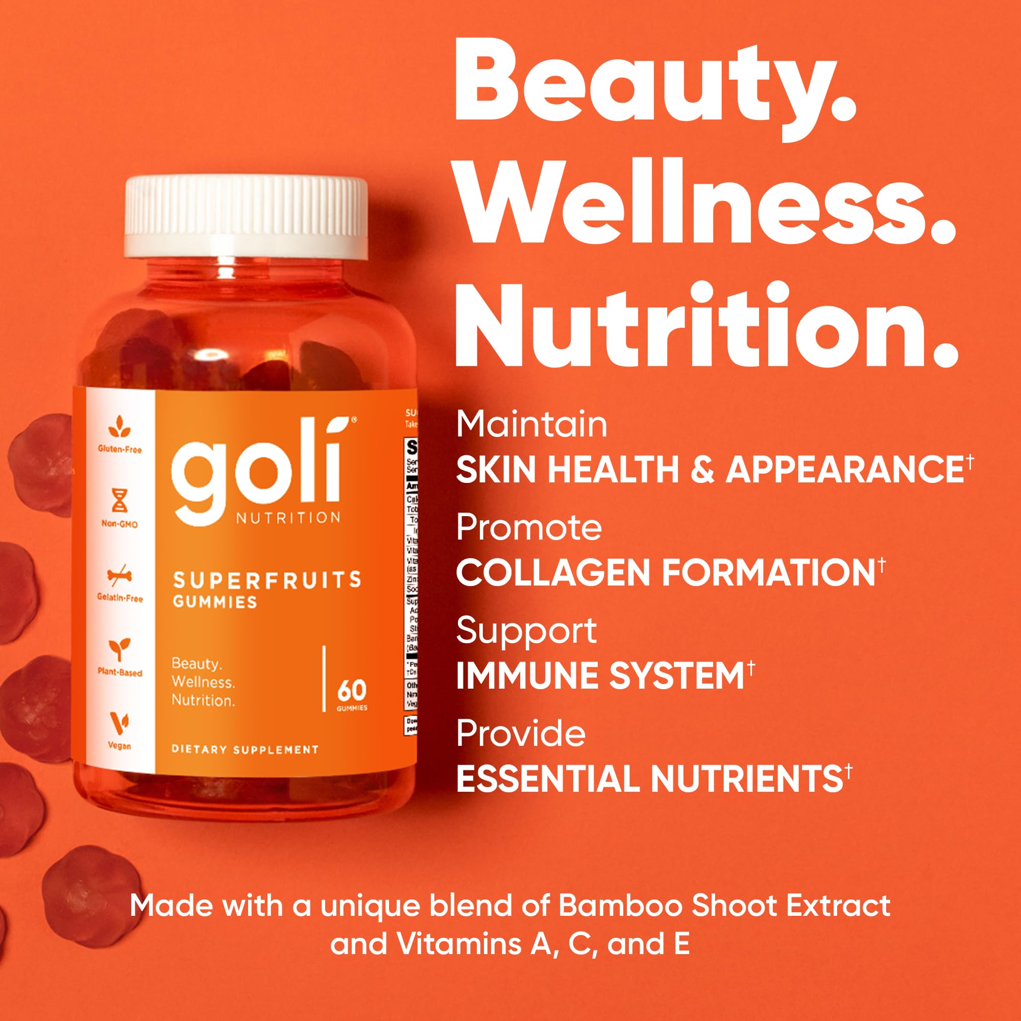 Goli Superfruits bottle back – vegan, non-GMO, gluten-free and gelatin-free formula for daily beauty