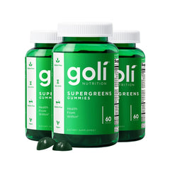 Goli Supergreens bottle with artichoke leaf focus for digestive wellness support.