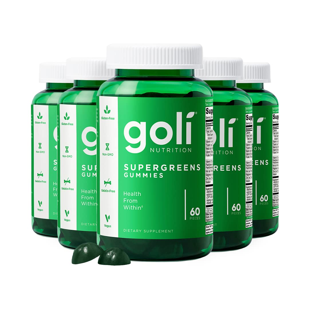 Goli Supergreens bottle front showing vegan probiotic gummies for daily greens.