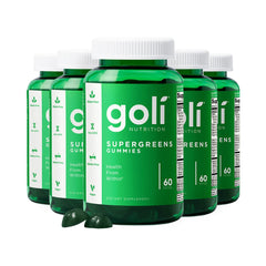 Goli Supergreens bottle front showing vegan probiotic gummies for daily greens.