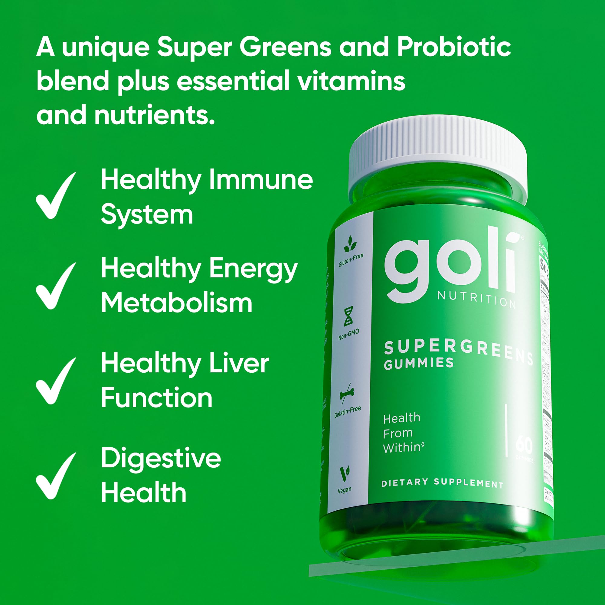 Close-up of Goli Supergreens gummies, highlighting texture for easy daily use.