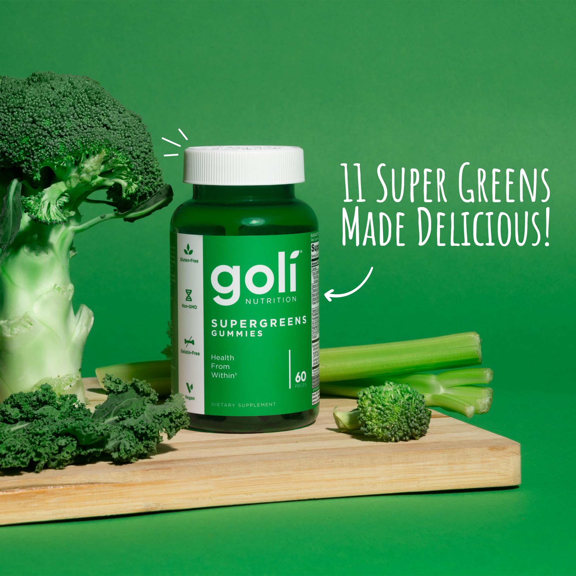 Goli Supergreens kale and greens blend emphasizes daily nutrition and antioxidant support.
