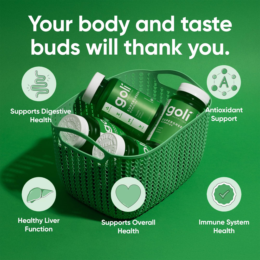 Goli Supergreens with spirulina and kale gummies, convenient on-the-go nutrition.
