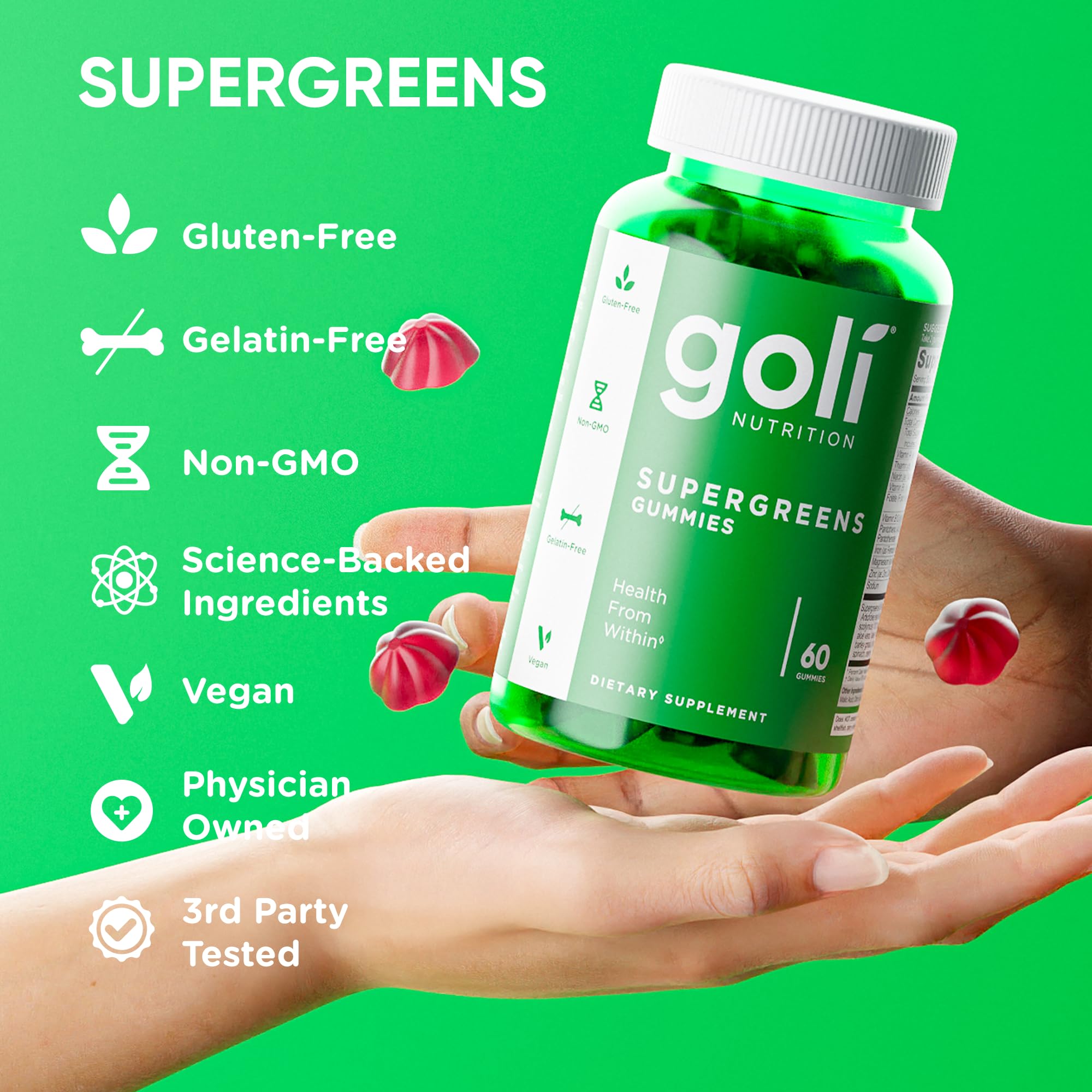 Goli Supergreens three-pack displays 180 gummies for ongoing daily greens.