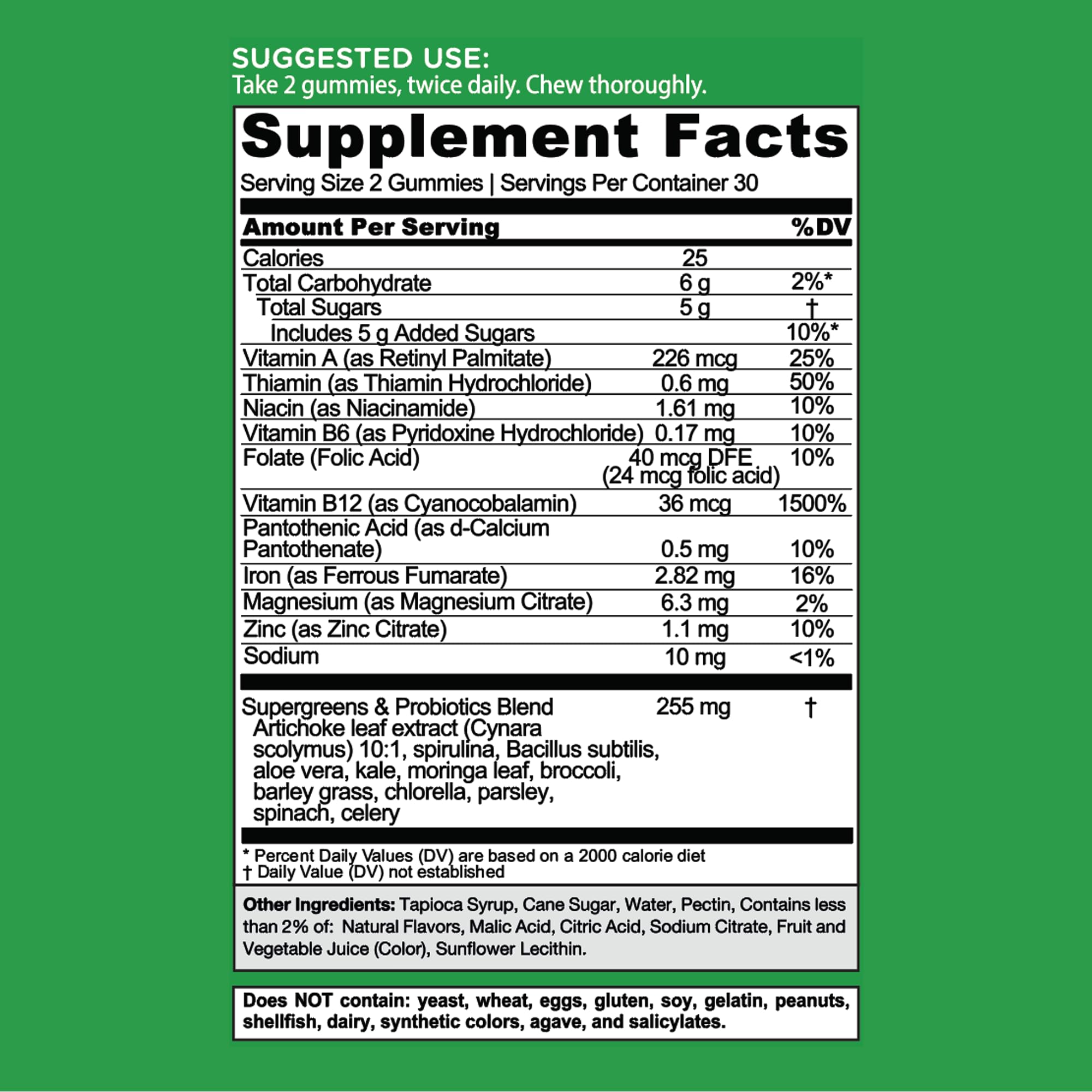 Goli Supergreens vitamin label showing vitamins A, B6, B12 for daily nutrition.