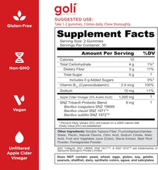 Goli ingredient label closeup showing probiotics, B12, and ACV
