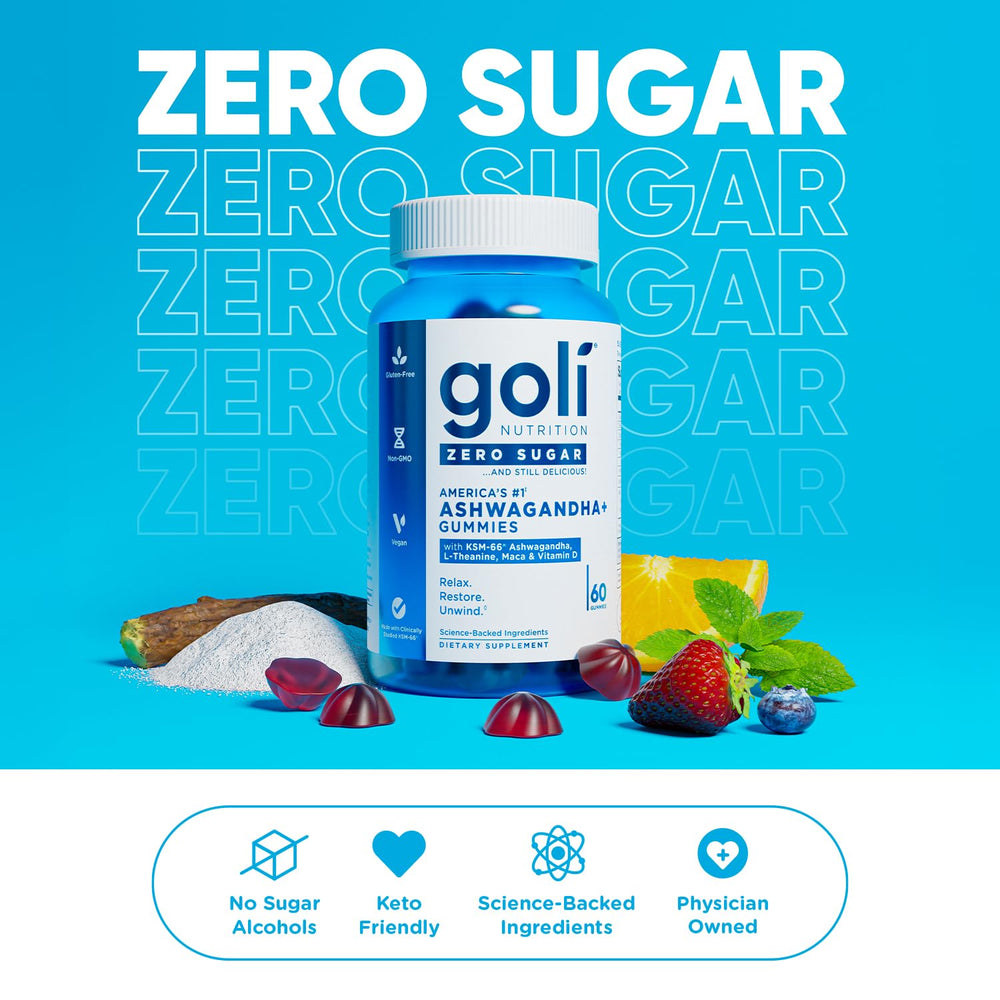Goli Zero Sugar Ashwagandha Gummies deliver a mixed berry flavor.
