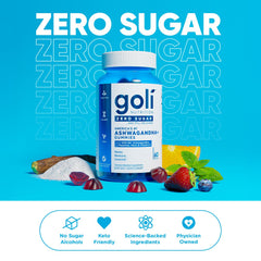 Goli Zero Sugar Ashwagandha Gummies deliver a mixed berry flavor.