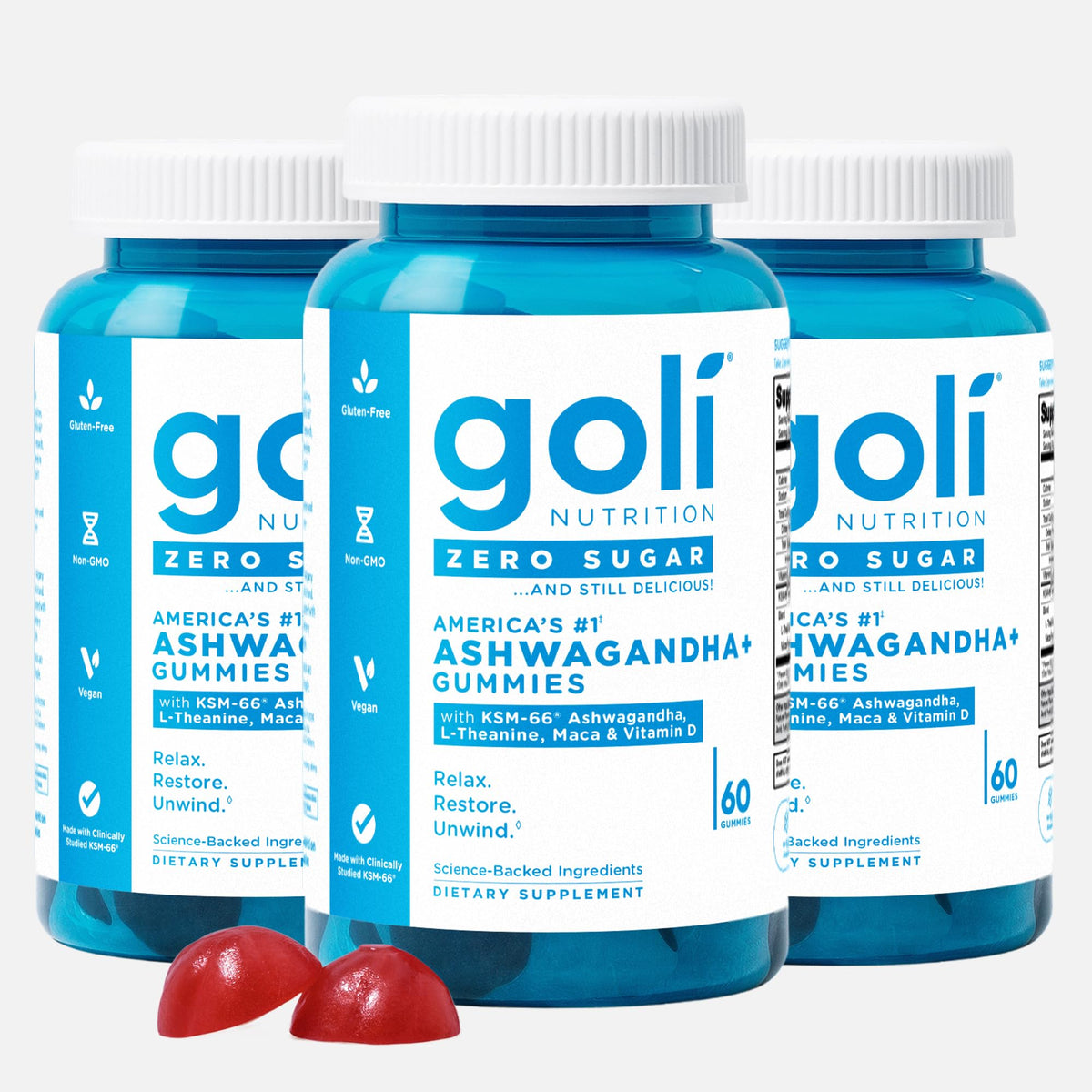 Goli Zero Sugar Ashwagandha Gummies bottle promotes daily wellness with a clean, sugar-free formula.