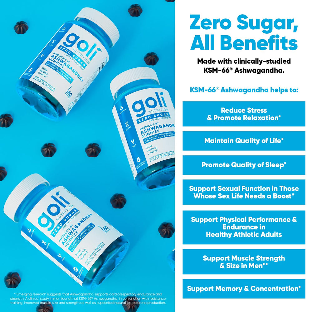 Goli Zero Sugar Ashwagandha Gummies close-up shows berry flavor and soft texture.