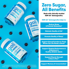 Goli Zero Sugar Ashwagandha Gummies close-up shows berry flavor and soft texture.