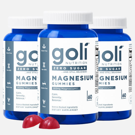Goli Zero Sugar Magnesium Gummies bottle highlighting a keto-friendly supplement for muscle and bone support