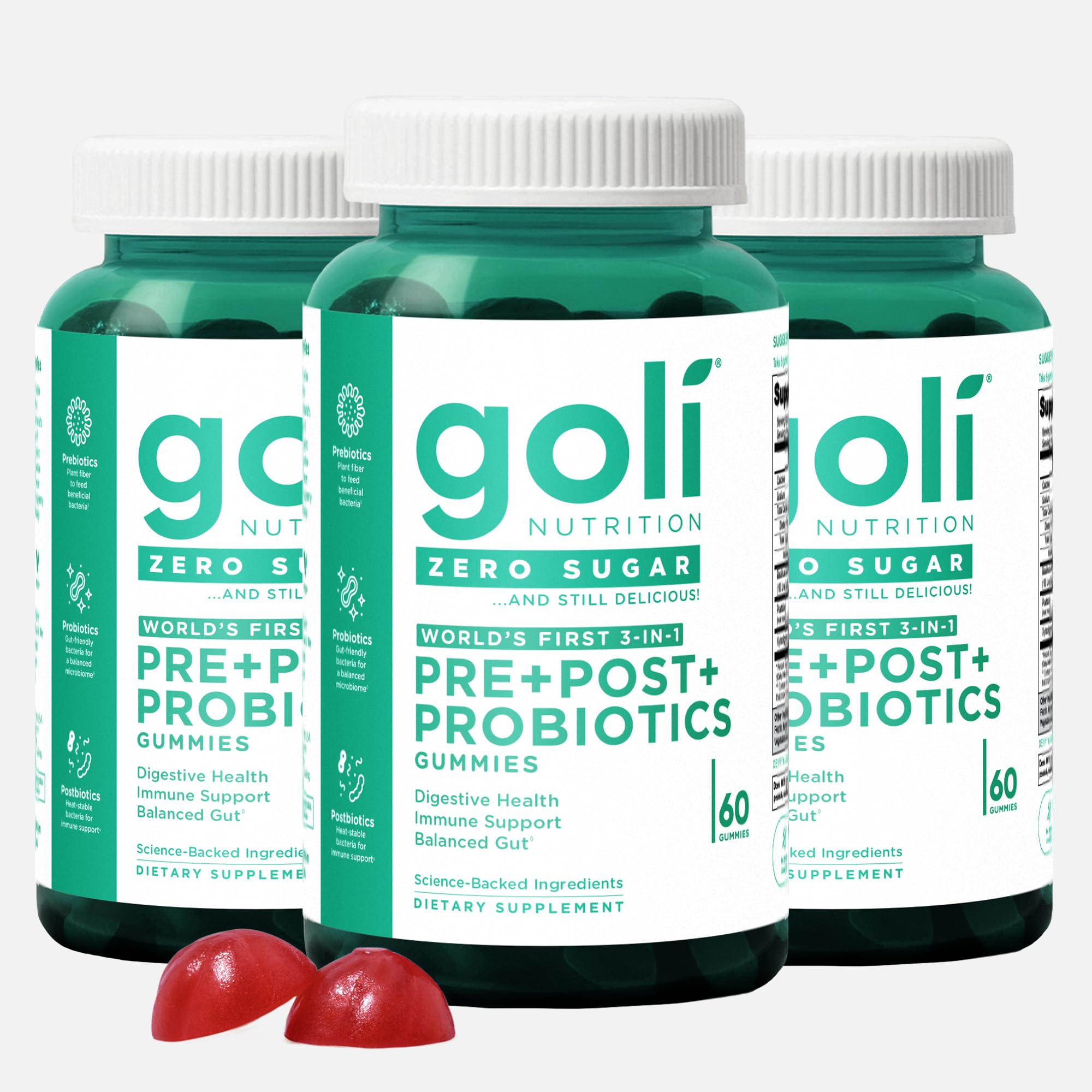 Goli Zero Sugar Pre Pro Postbiotic gummies bottle pour for on-the-go gut support.