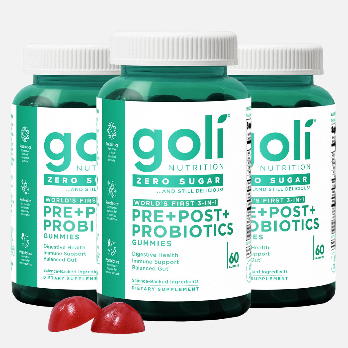 Goli Zero Sugar Pre Pro Postbiotic gummies bottle pour for on-the-go gut support.