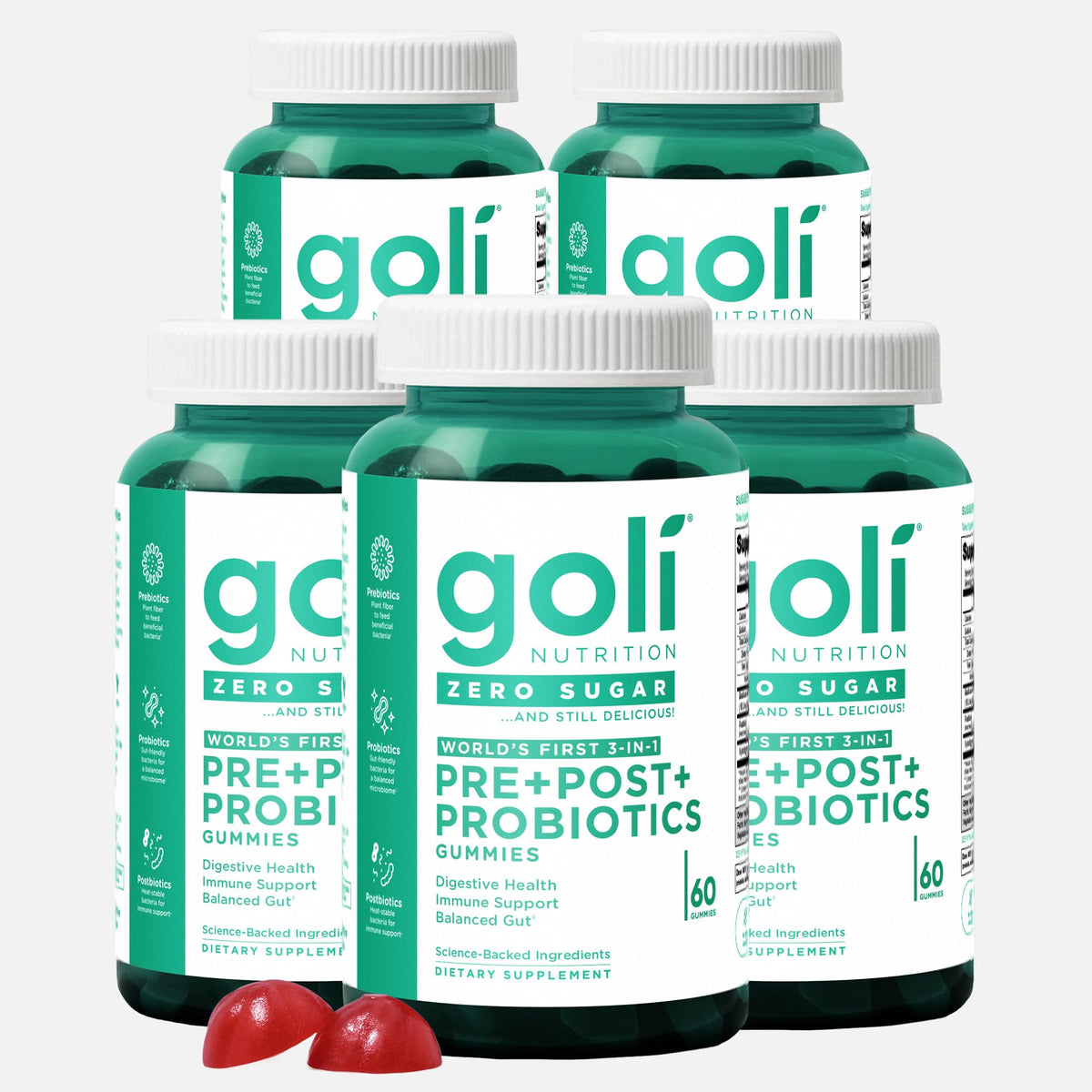 Goli Zero Sugar Pre Pro Postbiotic gummies bottle shows a clean label gut-friendly option.