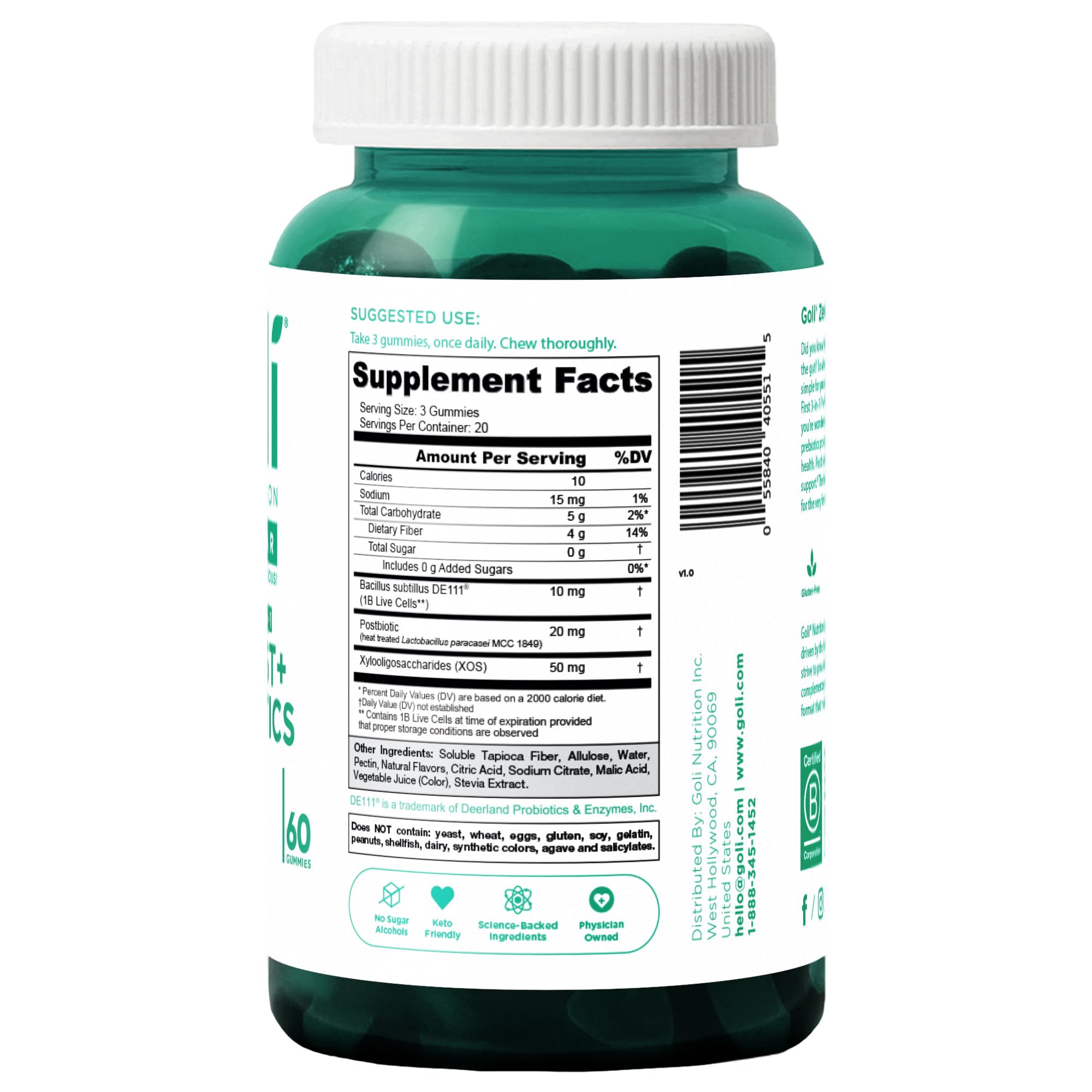 Goli Zero Sugar Postbiotic gummies close-up highlights natural flavor for daily gut support.