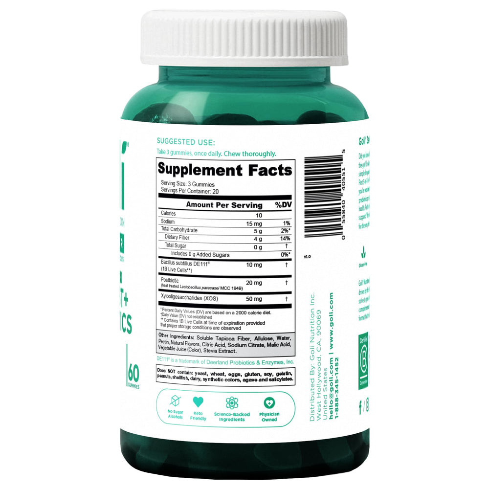 Goli Zero Sugar Postbiotic gummies close-up highlights natural flavor for daily gut support.