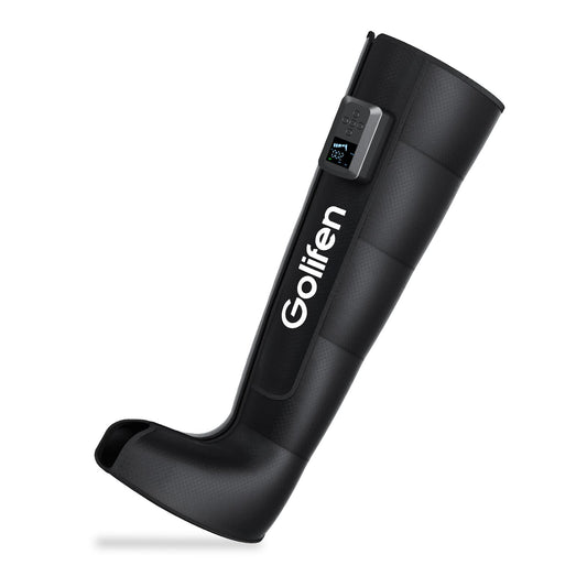 Golifen Leg Compression Massager boot on the right leg for targeted recovery potential.