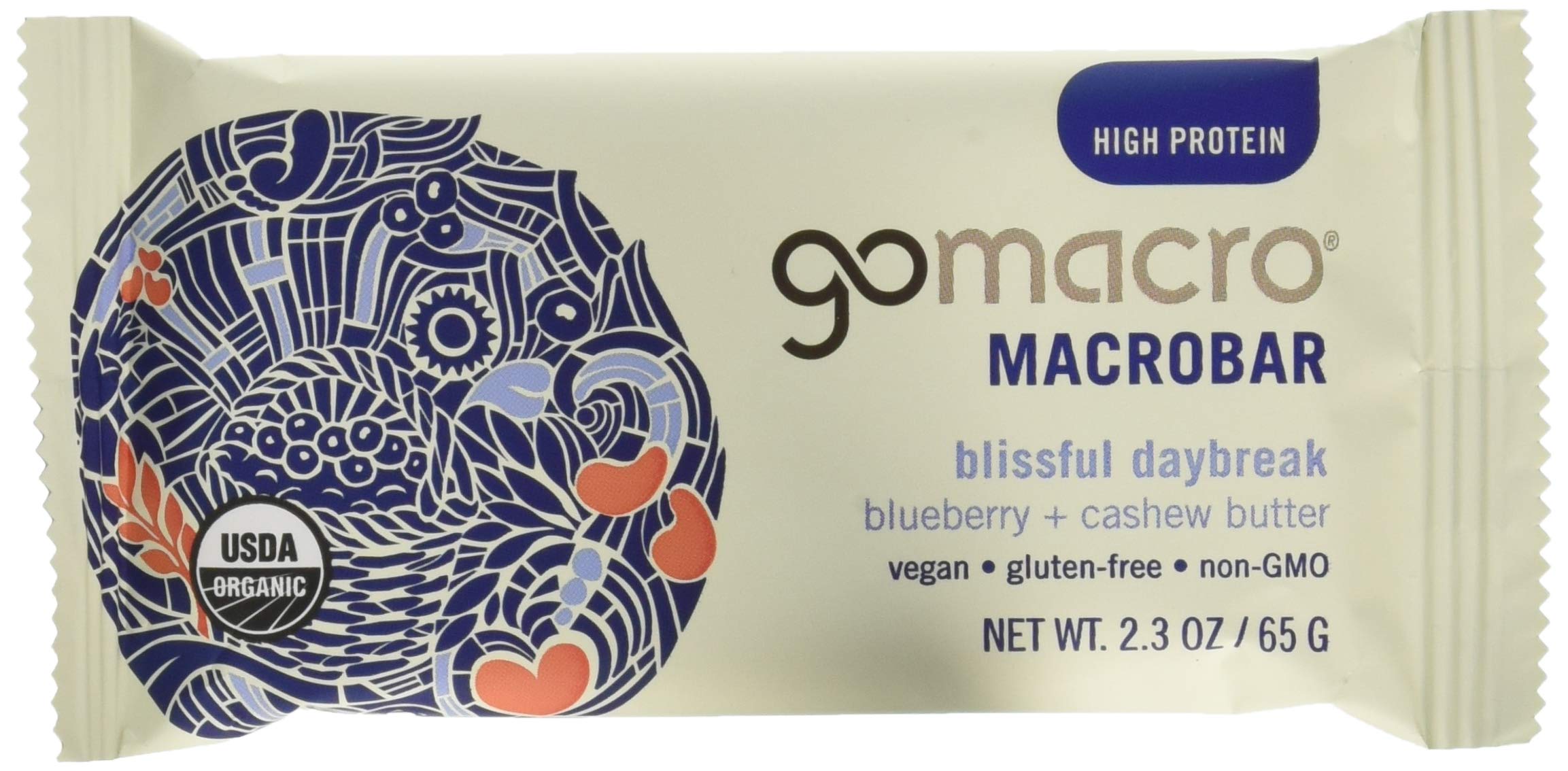 GoMacro blueberry cashew butter bar pack12 hero shot showing organic ingredients for on-the-go snacking