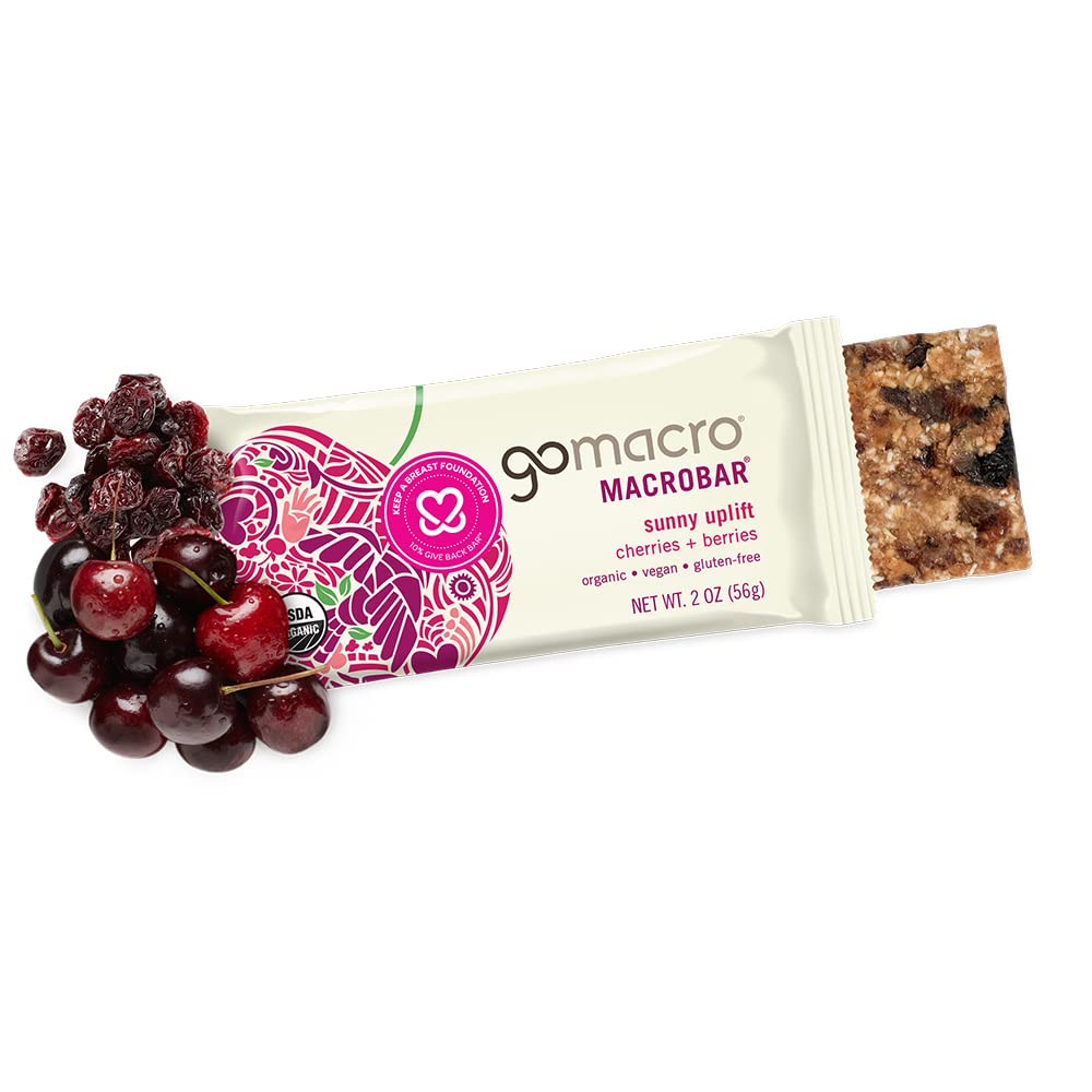 GoMacro Cherries + Berries MacroBar close-up shows soft texture and tart cherry flavor.