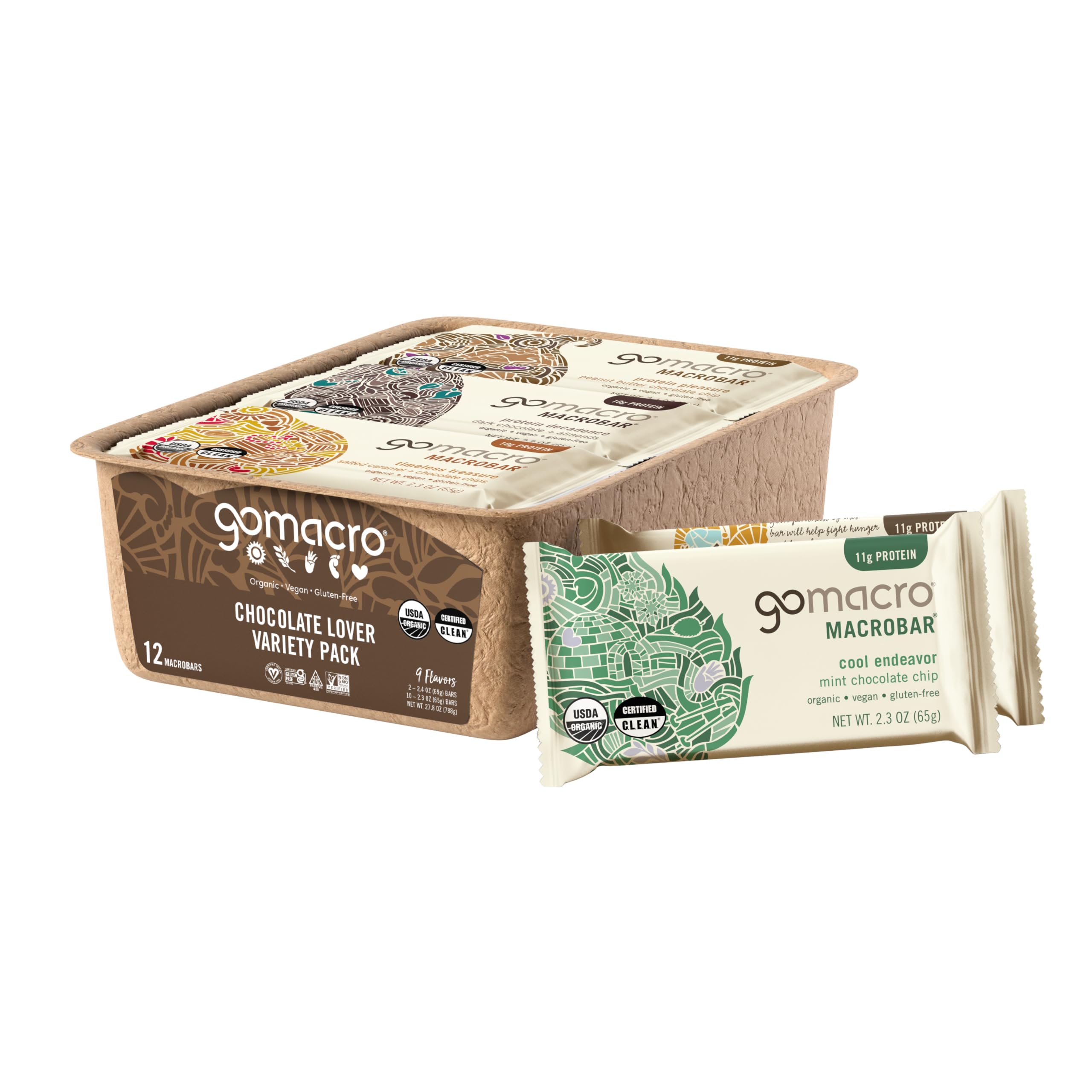 GoMacro MacroBar Chocolate Lover Pack display shows assorted bars for on-the-go energy