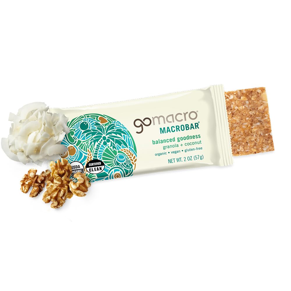 GoMacro MacroBar Granola + Coconut packaging highlighting organic and clean ingredients.