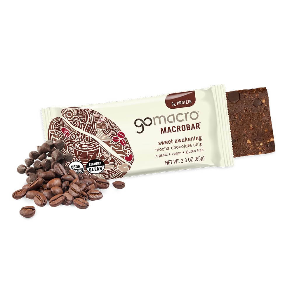 GoMacro MacroBar Mocha Chocolate Chip ingredients close-up highlighting organic protein blend.