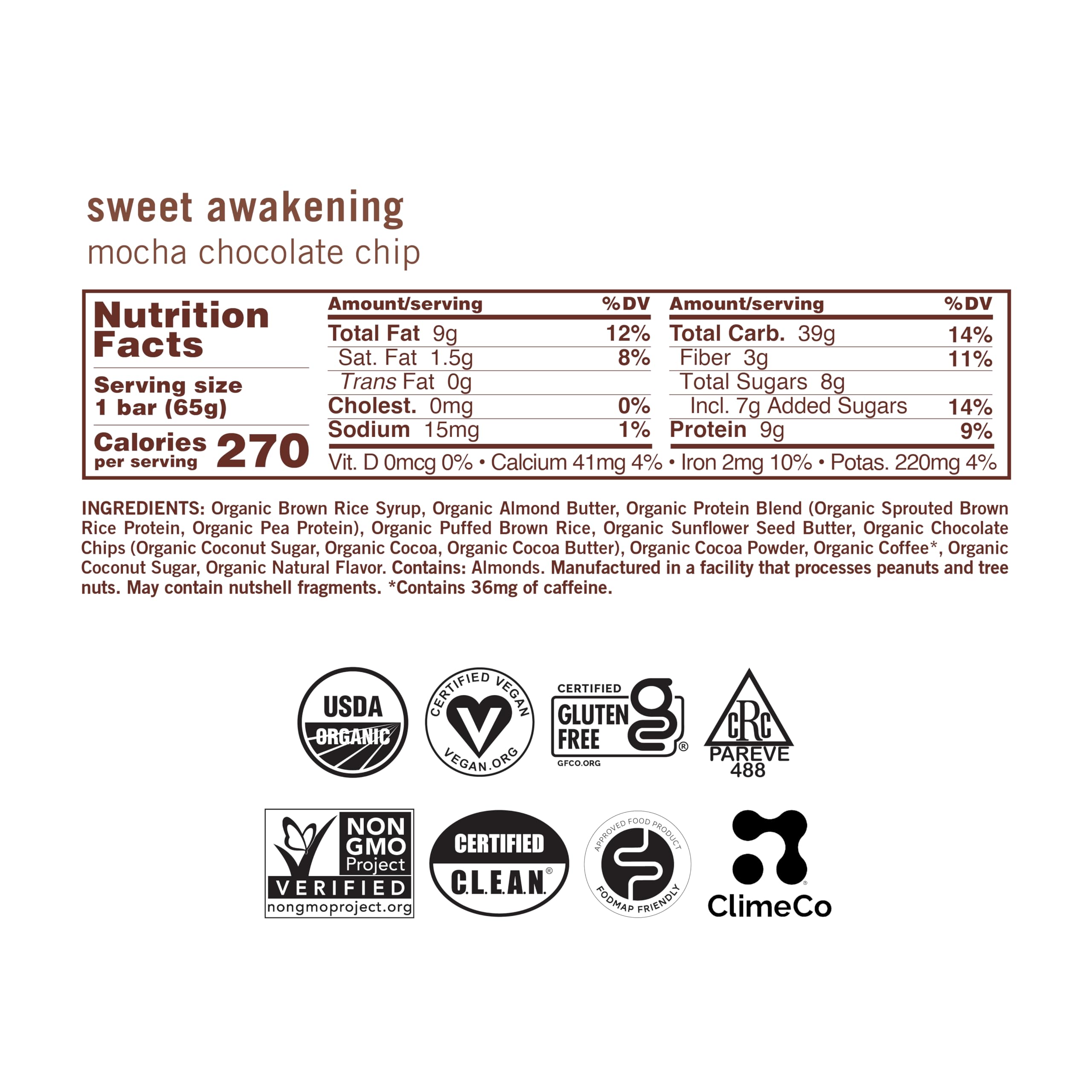 GoMacro MacroBar Mocha Chocolate Chip packaging showing organic and vegan certifications.