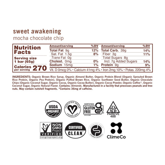 GoMacro MacroBar Mocha Chocolate Chip packaging showing organic and vegan certifications.