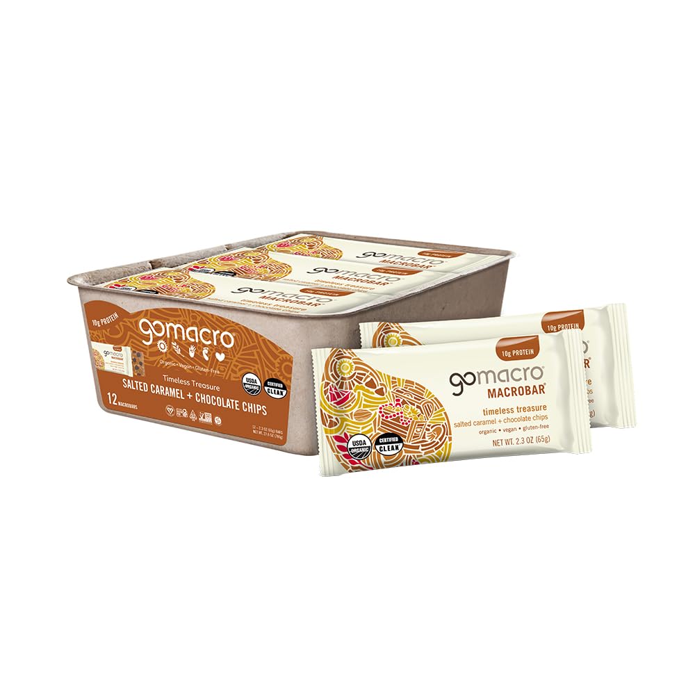 GoMacro MacroBar Salted Caramel + Chocolate Chips bar outside pack, convenient protein snack on the go.
