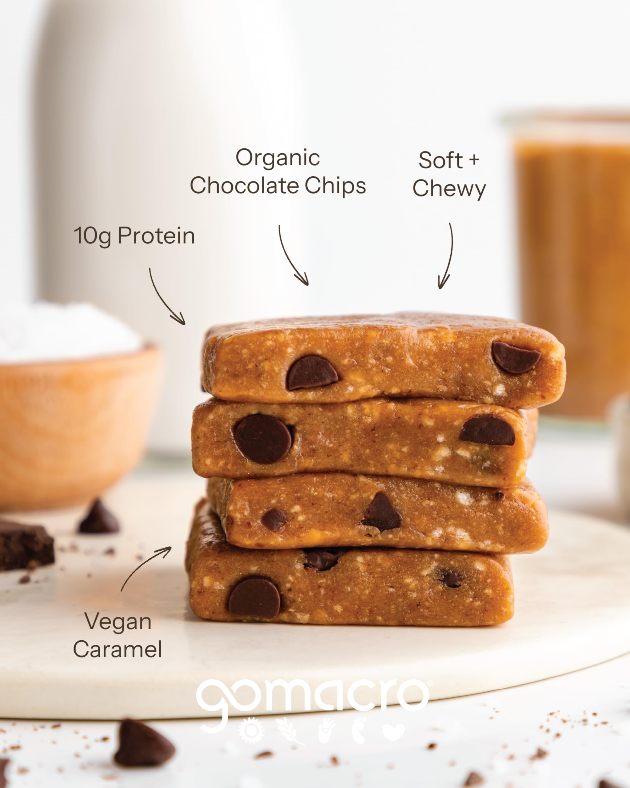 GoMacro MacroBar Salted Caramel + Chocolate Chips closeup of chocolate chips and caramel.
