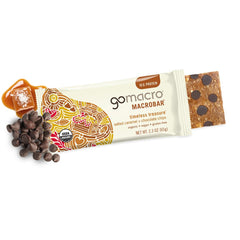GoMacro MacroBar Salted Caramel + Chocolate Chips ingredients label highlights organic vegan protein blend.
