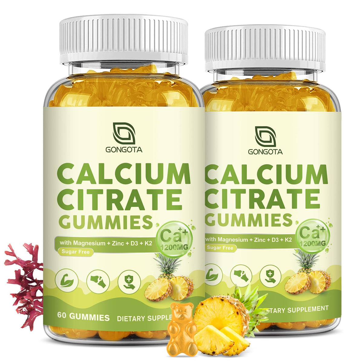 GONGOTA Calcium Citrate Gummies pineapple flavor bottle for daily bone support.