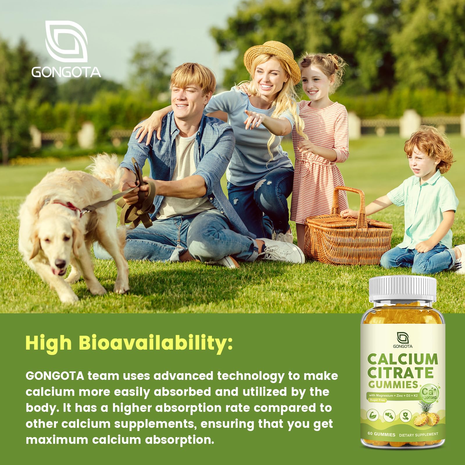 GONGOTA vitamin D3 and K2 support bone health and absorption.