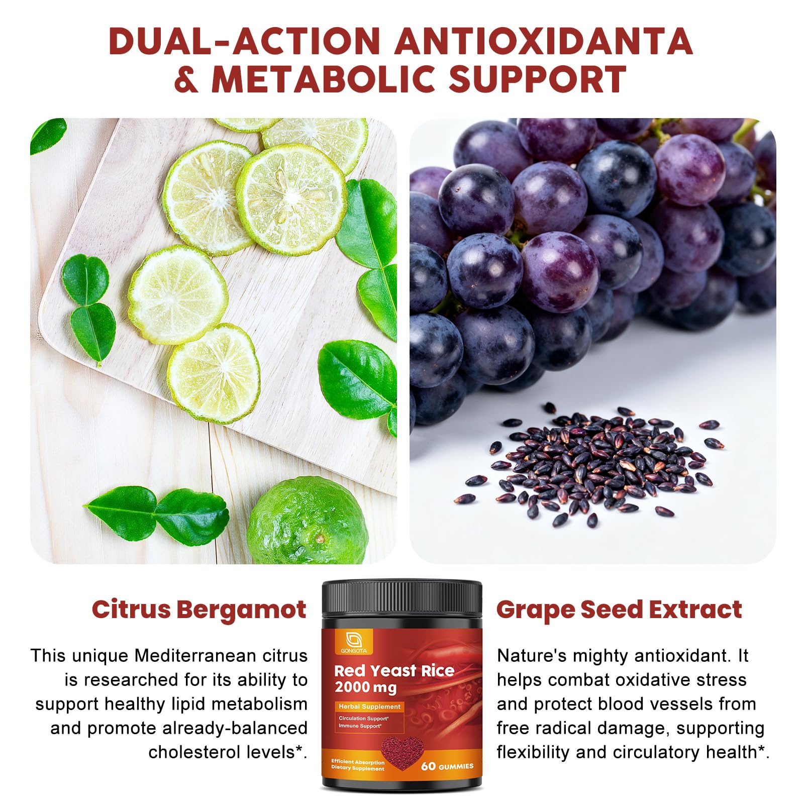 GONGOTA product collage label highlights 2000 mg red yeast rice and CoQ10