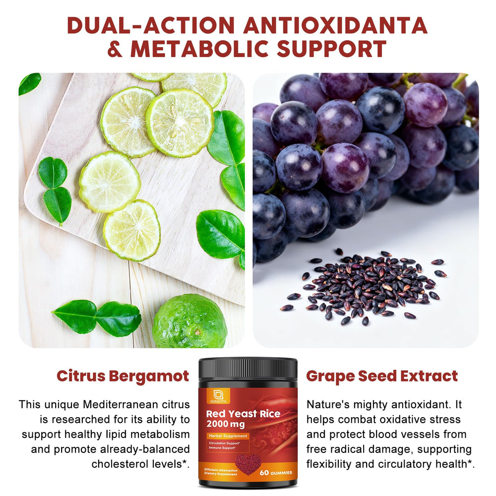 GONGOTA product collage label highlights 2000 mg red yeast rice and CoQ10