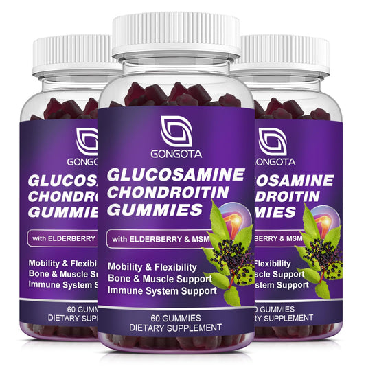 GONGOTA Glucosamine Chondroitin Gummies bottle showcases joint flexibility support.