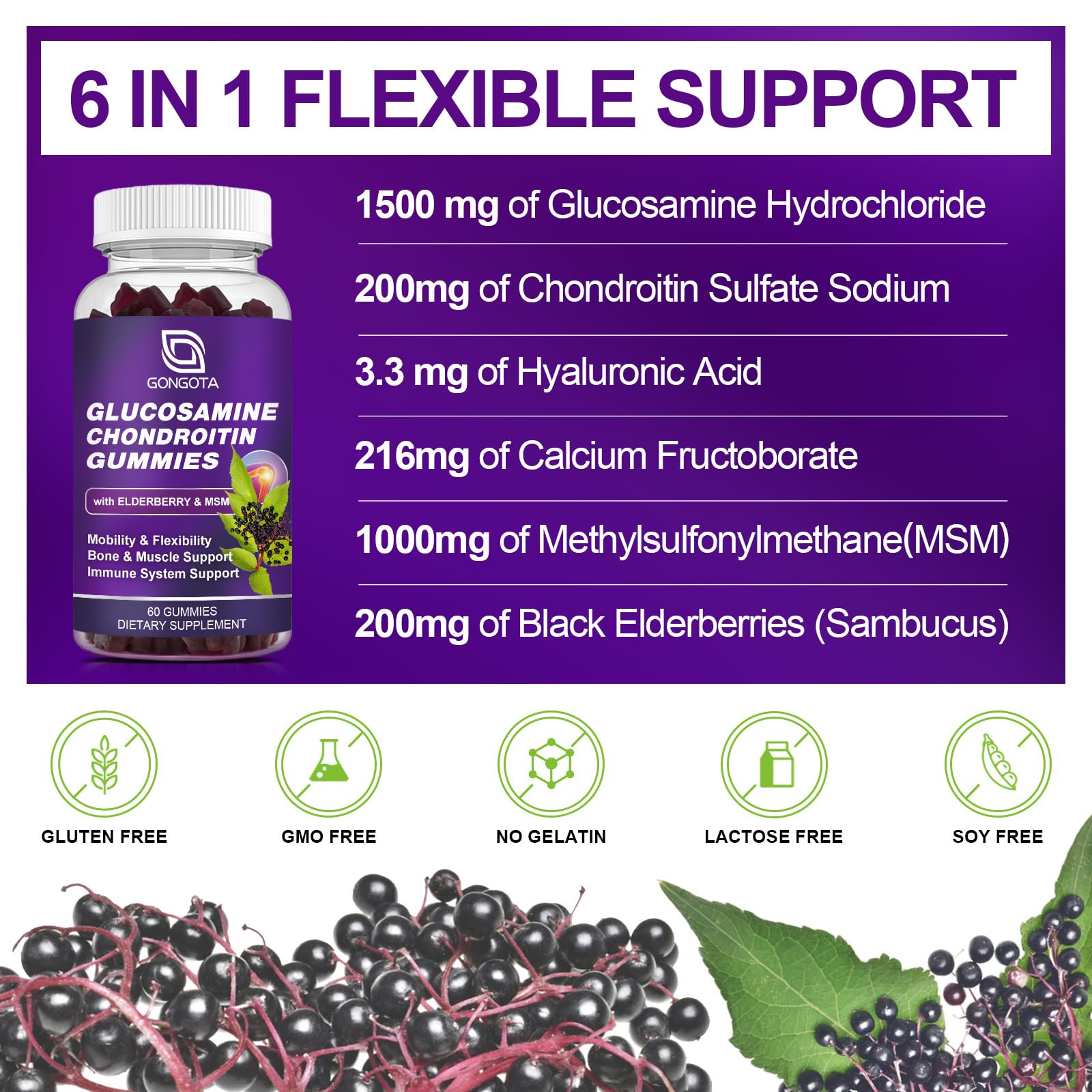 GONGOTA label emphasizes potent ingredients like glucosamine and chondroitin.