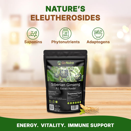 Go Nutra Eleuthero root powder closeup highlighting texture for sustained stamina