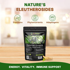 Go Nutra Eleuthero root powder closeup highlighting texture for sustained stamina