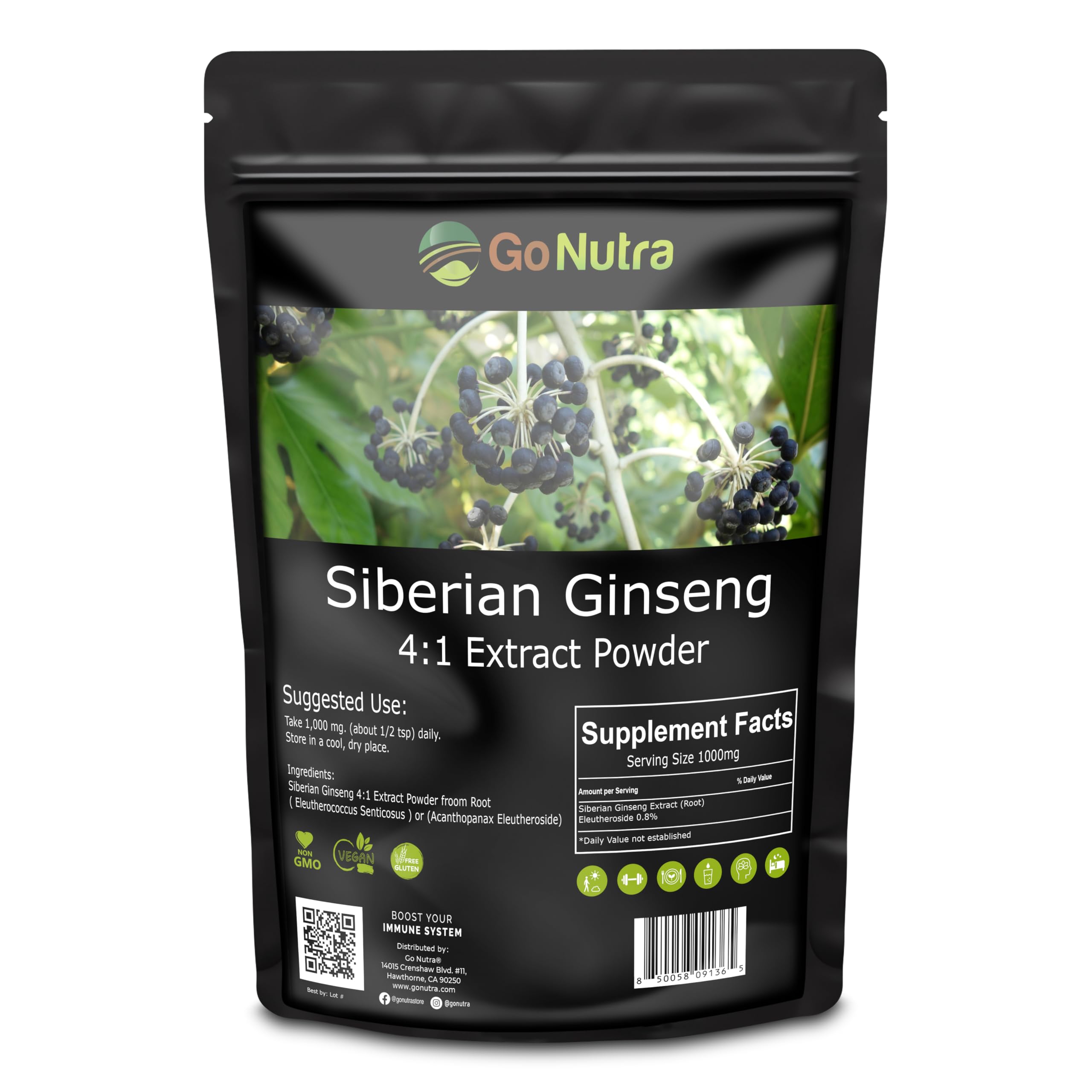 Go Nutra Siberian Ginseng bottle front showing pure eleuthero powder for natural energy support