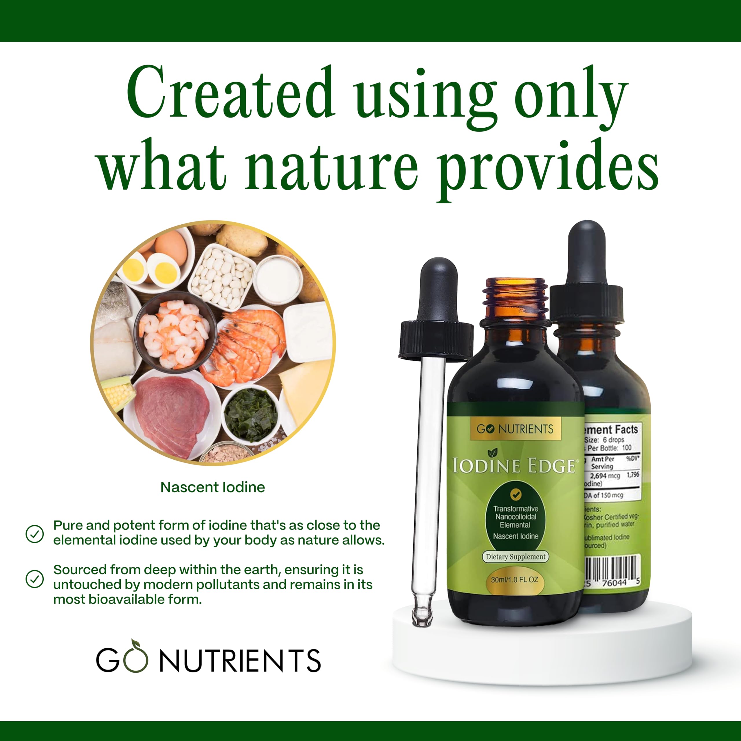 Go Nutrients Iodine Edge drops in glass illustrating convenient on-the-go use.