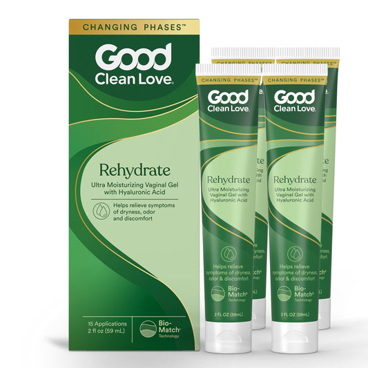 Good Clean Love Rehydrate bottle highlights hyaluronic acid hydration for lasting moisture