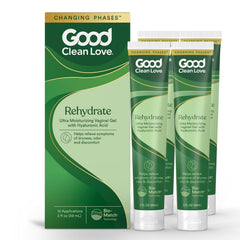 Good Clean Love Rehydrate bottle highlights hyaluronic acid hydration for lasting moisture
