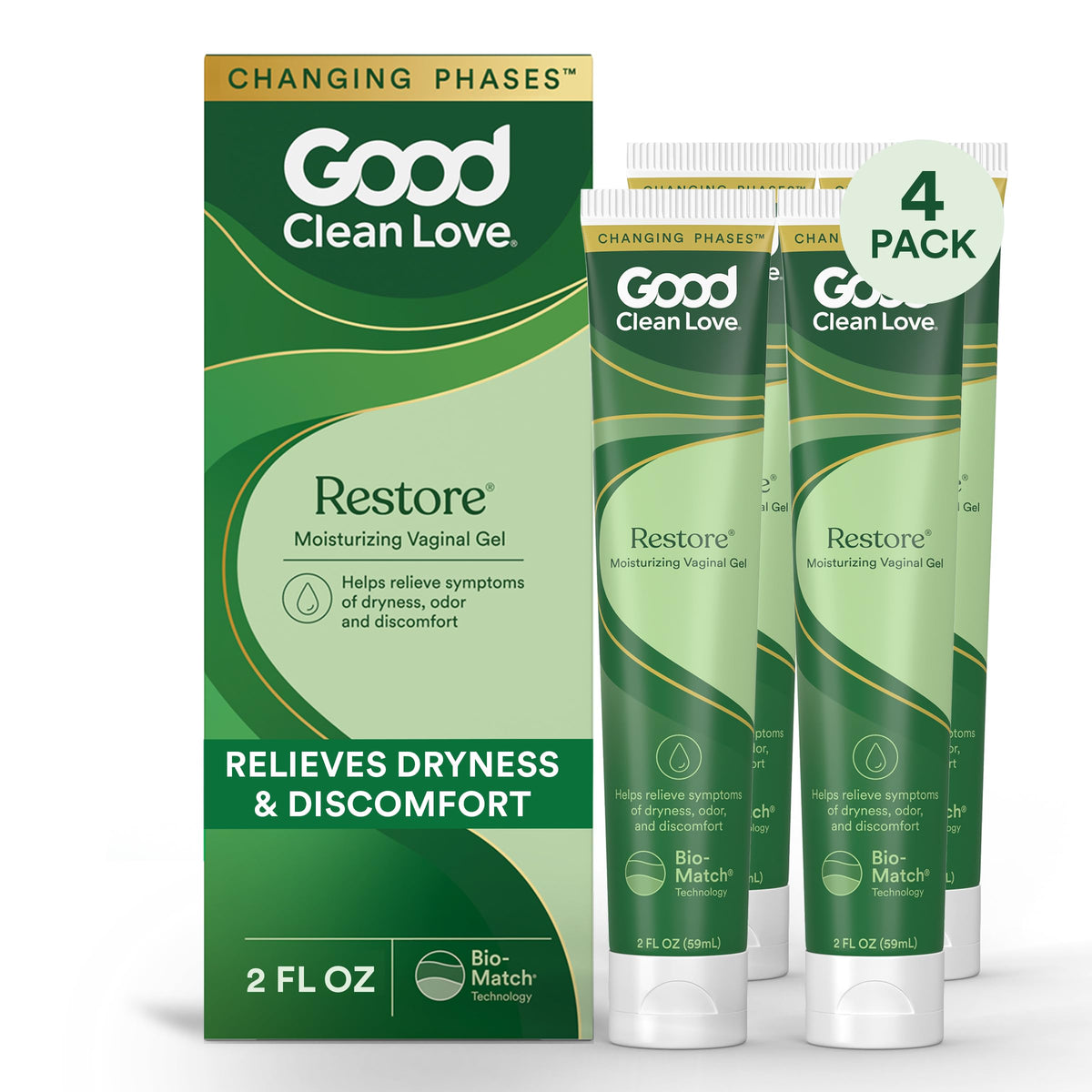 Good Clean Love Restore bottle closeup showing hydrating vaginal gel for daily comfort.