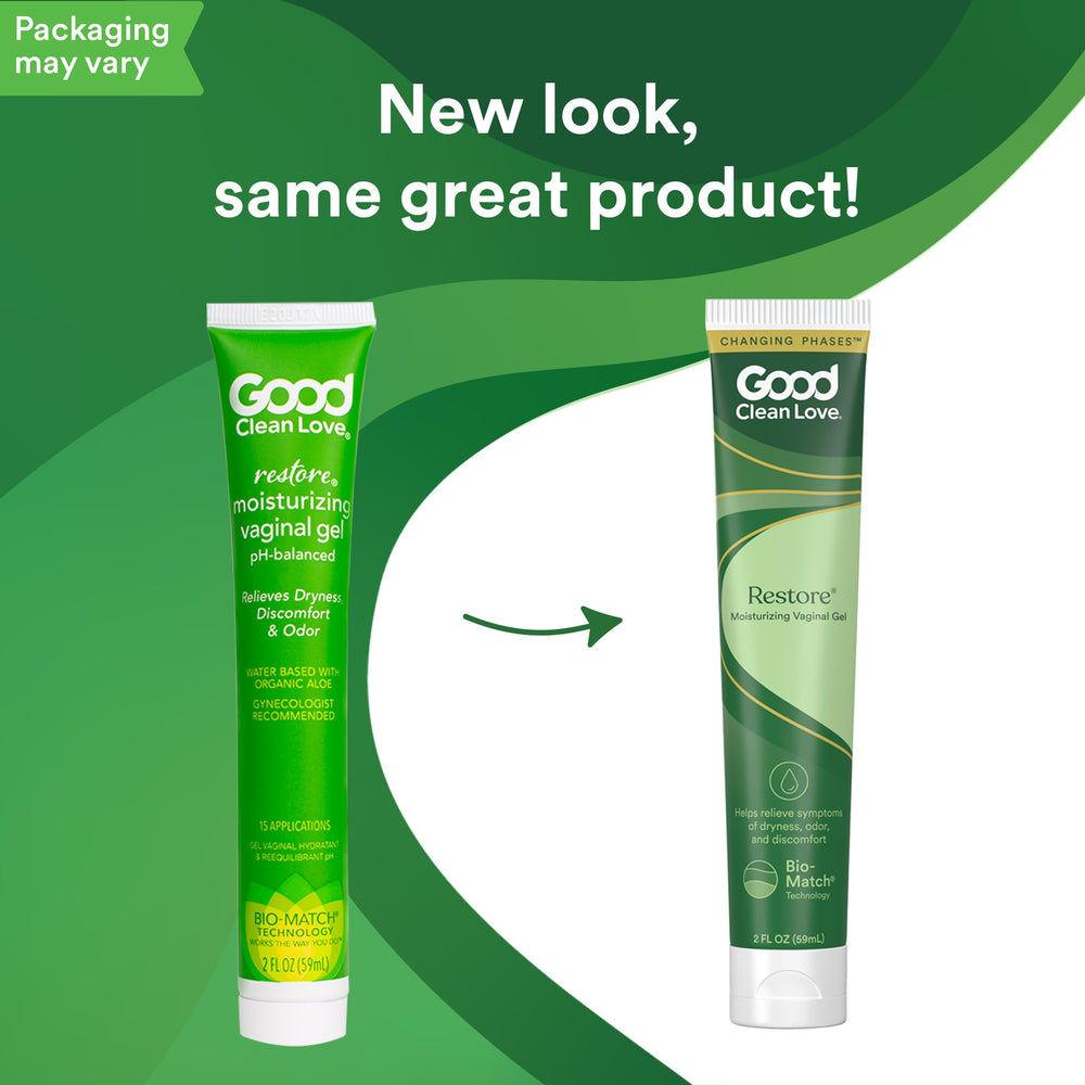 Good Clean Love Restore highlights aloe vera and lactic acid for balanced moisture.