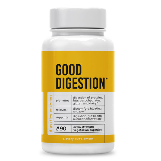 Good Digestion extra-strength enzymes bottle pour promotes post-meal relief potential.