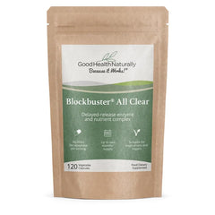 Blockbuster AllClear bottle with delayed-release capsules for steady enzyme delivery