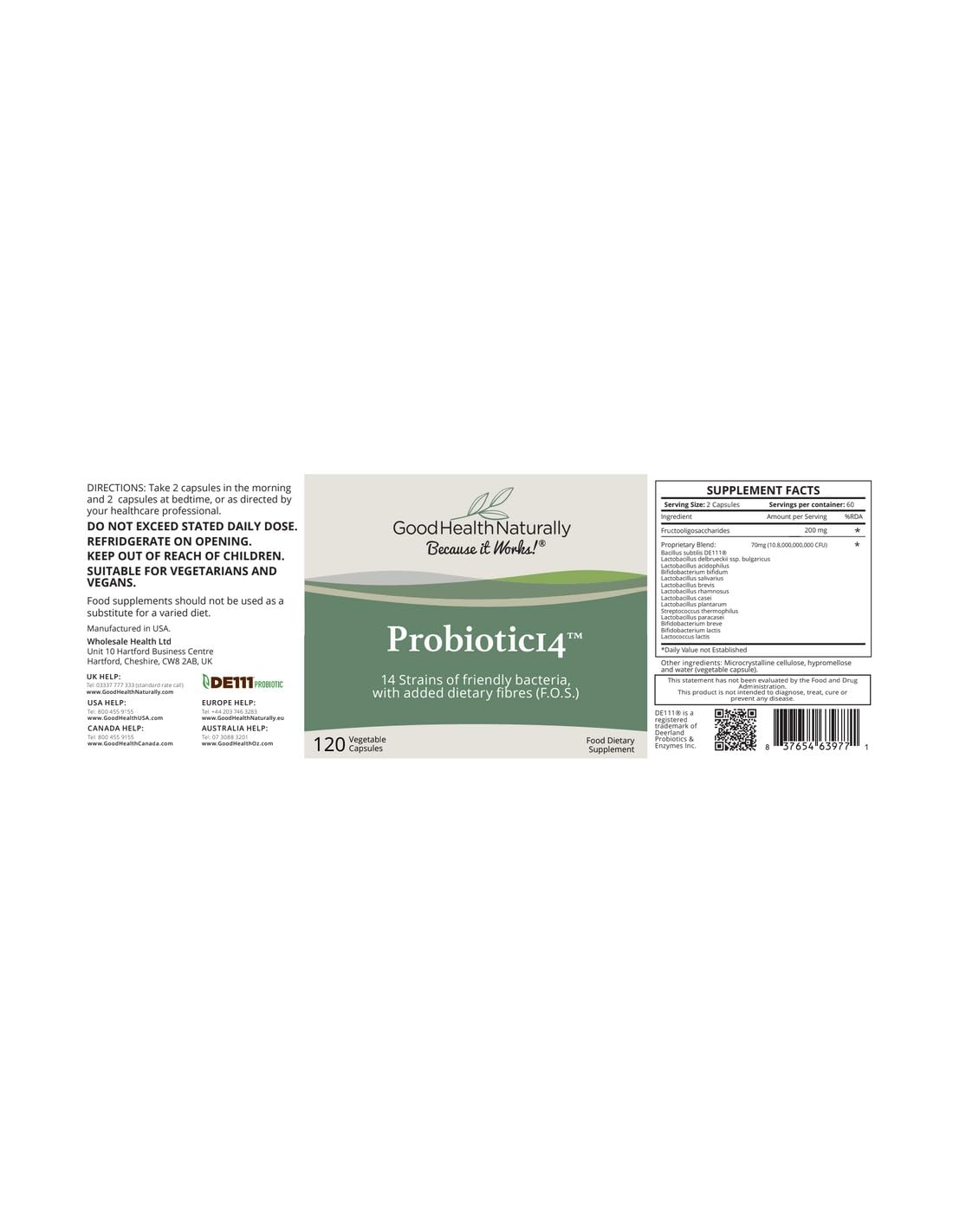 Good Health Naturally Probiotics14 label close-up with 14 strains.