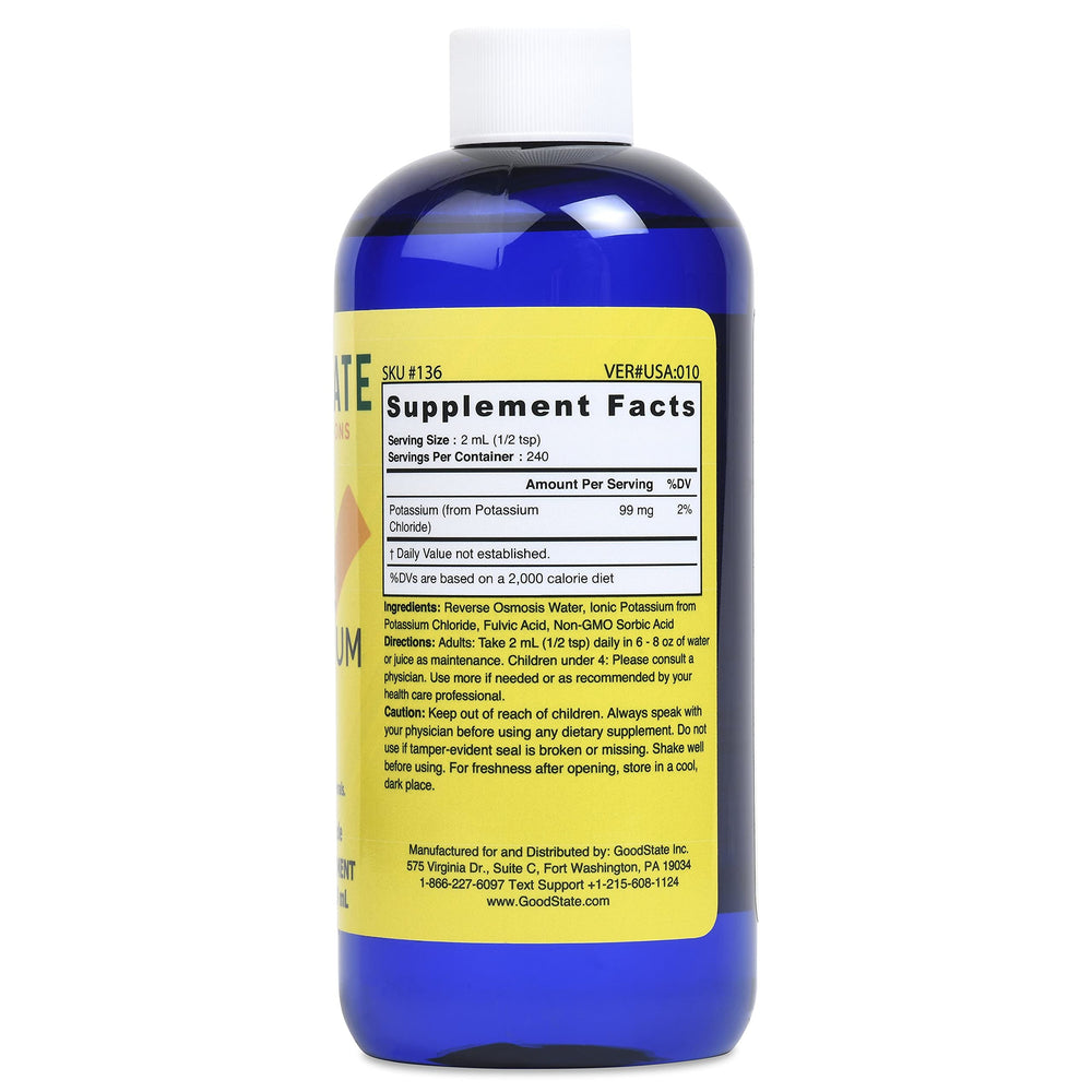 Good State potassium drops dropper pouring into water for quick absorption.